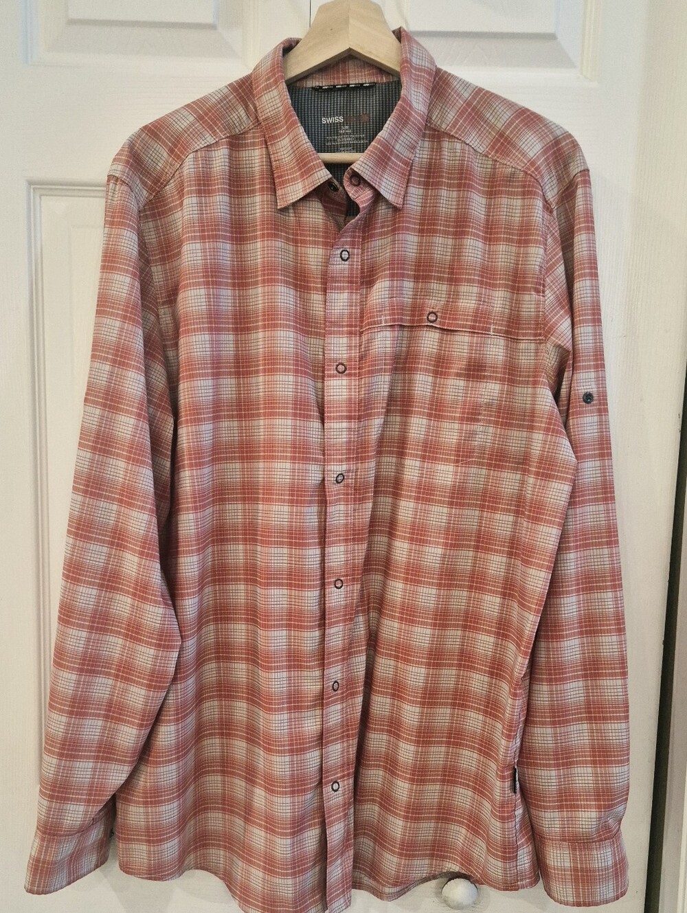 Swiss Tech Red and White Plaid Long-Sleeve Button-Down Shirt